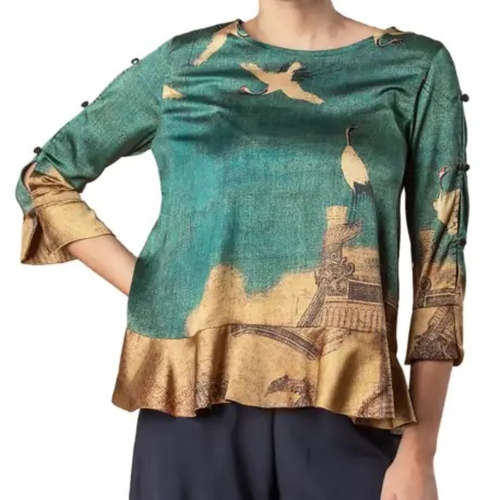Eva Franco Mindy Crane Green Gold Print 3/4 Sleeve Blouse Shirt Top